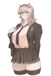  1girl alternate_costume arm_behind_back barghest_(fate) breasts brown_theme closed_mouth collared_shirt cropped_legs fate/grand_order fate_(series) glasses hair_between_eyes highres huge_breasts jacket looking_at_viewer medium_hair monochrome necktie open_clothes open_jacket pleated_skirt school_uniform shirt shirt_tucked_in skirt solo thighhighs thighs tiara tonko_from zettai_ryouiki 