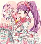  1girl ;) animal_print ao_(ao0_0nemu) blunt_bangs closed_mouth commentary_request dress frilled_dress frills hands_up highres lolita_fashion long_hair looking_at_viewer manaka_non one_eye_closed open_mouth pretty_series pripara puffy_short_sleeves puffy_sleeves purple_eyes purple_hair rabbit_print short_sleeves side_ponytail sitting smile stuffed_animal stuffed_rabbit stuffed_toy sweet_lolita usacha v_over_eye very_long_hair white_dress 