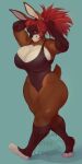 1:2 anthro big_breasts breasts brow_fur cleavage clothed clothing crazybear female front_view grin hair hi_res huge_breasts lagomorph leporid mammal muscular muscular_anthro muscular_female one-piece_swimsuit rabbit red_hair simple_background smile solo standing swimwear teeth thick_thighs wide_hips