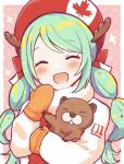  1girl :d animal_hug aoiyui beaver beret blush border canadian_flag_print closed_eyes commentary dot_nose facing_viewer fake_antlers fur-trimmed_jacket fur_trim green_hair hair_tie hand_up hat hatsune_miku head_tilt heart highres jacket mittens number_print open_mouth orange_mittens outside_border pink_background red_hat simple_background smile solo sparkle swept_bangs symbol-only_commentary twintails upper_body vocaloid white_border white_jacket 