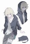  1boy aged_down aventurine_(honkai:_star_rail) bandaged_arm bandages blonde_hair cat closed_mouth hair_between_eyes highres honkai:_star_rail honkai_(series) hood hood_up hoodie long_sleeves male_focus multicolored_eyes multiple_views rhein_0016 shirt short_hair simple_background solo torn_clothes torn_shirt white_background 