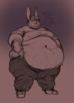 absurd_res annoyed anthro belly belly_overhang big_belly blush breath chubby_face clothed clothing double_chin dressing fat_rolls fur hair hi_res jirobas lagomorph leporid love_handles male mammal moobs navel nipple_outline obese obese_anthro obese_male overweight overweight_anthro overweight_male rabbit solo standing stretch_marks thick_thighs tight_clothing wide_hips