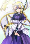  1girl armor armored_dress blonde_hair blue_eyes blush braid braided_ponytail breasts chain collar dress fate/apocrypha fate_(series) faulds flag gauntlets headpiece jeanne_d&#039;arc_(fate) jeanne_d&#039;arc_(ruler)_(fate) large_breasts long_hair looking_at_viewer metal_collar open_mouth plackart polearm purple_dress purple_thighhighs sen_(astronomy) smile solo thighhighs thighs very_long_hair weapon 