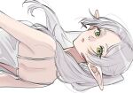  1girl bare_arms camisole closed_mouth earrings elf green_eyes jewelry long_hair looking_at_viewer pointy_ears sideways simple_background solo sousou_no_frieren twintails u0oouo upper_body white_background white_camisole white_hair 