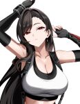  1girl black_hair blush breasts crop_top final_fantasy final_fantasy_vii final_fantasy_vii_remake gloves hair_between_eyes highres hiroki_(hirokiart) jewelry large_breasts long_hair long_sleeves looking_at_viewer open_mouth red_eyes simple_background solo suspenders tifa_lockhart upper_body white_background 