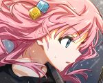  1girl black_shirt blue_eyes bocchi_the_rock! close-up cube_hair_ornament from_side gotoh_hitori guitar hair_ornament highres instrument neck open_mouth pink_hair sanada_(tony2035176) serious shirt solo sweat sweatdrop 