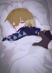  1boy aged_down aventurine_(honkai:_star_rail) bed bed_sheet black_gloves blonde_hair closed_eyes closed_mouth gloves hair_between_eyes highres honkai:_star_rail honkai_(series) hood hoodie jewelry long_sleeves male_focus on_bed out_of_frame pillow ring short_hair suisotoissyo 