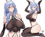  1girl adapted_costume animal_ear_fluff animal_ears black_thighhighs blue_hair braid breasts celyn404 commentary covered_nipples crop_top elbow_gloves gloves hair_between_eyes highres hololive large_breasts lips long_hair looking_at_viewer mature_female multicolored_hair multiple_views navel pekomama rabbit_ears rabbit_girl rabbit_pose red_eyes seiza short_eyebrows sitting smile symbol-only_commentary thick_eyebrows thighhighs virtual_youtuber white_background white_hair 