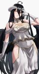  1girl absurdres ahoge albedo_(overlord) bare_shoulders black_hair breasts commentary cowboy_shot dress gloves grey_background head_tilt highres hip_vent horns large_breasts long_hair looking_at_viewer off-shoulder_dress off_shoulder overlord_(maruyama) parted_lips pearlbbbb short_sleeves simple_background solo standing very_long_hair white_dress white_gloves yellow_eyes 