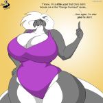  1:1 anthro breasts cjshadorunner cleavage clothed clothing dialogue english_text female kelsey_sienna mammal mephitid skunk solo swimwear text 
