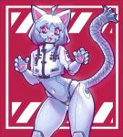 ahoge android anthro breasts claws clothing cropped_jacket fangs felid feline female fur hair hi_res jacket machine mammal navel open_mouth red_background red_eyes robosylveon robot robot_anthro robotic_hand simple_background smile solo tail teeth topwear under_boob unknown_artist white_body white_eyes white_fur white_hair