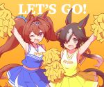  2girls animal_ears arm_up blue_shirt blue_skirt breasts brown_eyes brown_hair cheerleader daiwa_scarlet_(umamusume) english_text fang hair_intakes hair_over_one_eye holding holding_pom_poms horse_ears horse_girl horse_tail long_hair looking_at_viewer low_ponytail medium_breasts minmin_(kemomofuri) multiple_girls open_mouth pom_pom_(cheerleading) red_eyes shirt skin_fang skirt sleeveless sleeveless_shirt small_breasts smile tail tiara twintails umamusume upper_body v-neck vodka_(umamusume) yellow_background yellow_shirt yellow_skirt 