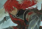  1boy asch_(tales) black_cape cape clenched_teeth commentary_request green_eyes hair_over_one_eye highres holding holding_sword holding_weapon long_hair male_focus meba outdoors rain red_hair red_trim sword tales_of_(series) tales_of_the_abyss teeth weapon 