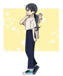  1girl arm_at_side bag black_hair black_pants blue_eyes blue_footwear blush closed_mouth dot_nose from_side full_body hand_up harumaru_sk high-waist_pants highres knees_together_feet_apart looking_at_viewer low_ponytail original pants rolled_up_paper shirt shirt_tucked_in shoes short_sleeves shoulder_bag smile sneakers solo star_(symbol) swept_bangs two-tone_background walking white_background white_shirt yellow_background 