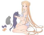  1girl abigail_williams_(fate/grand_order) abigail_williams_(swimsuit_foreigner)_(fate) animal ass bangs bare_arms bare_legs bare_shoulders barefoot bikini blonde_hair blue_eyes bow cat closed_mouth fate/grand_order fate_(series) flat_ass holding holding_animal holding_cat long_hair looking_at_viewer orange_bow parted_bangs polka_dot polka_dot_bow purple_bow simple_background sitting sjw_kazuya smile straight_hair swimsuit very_long_hair white_background white_bikini yokozuwari 