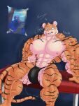 abs absurd_res biceps big_muscles bodily_fluids brunomax11 bulge dialogue felid feline hi_res huge_muscles male mammal muscular muscular_male pantherine pecs remmy_(colt_wolf) shaking solo sweat tiger vein veiny_muscles