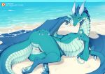  2020 anus beach bedroom_eyes blue_body blue_scales blush claws dragon etheross female feral frill_(anatomy) genitals green_eyes head_crest head_frill hi_res horn looking_at_viewer lounging membrane_(anatomy) membranous_wings narrowed_eyes outside plump_labia pupils pussy sand scales sea seaside seductive semi-anthro slit_pupils smile solo water wings 