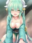  1girl areola_slip bare_shoulders blush breasts cleavage collarbone dragon_girl dragon_horns fate/grand_order fate_(series) green_hair green_kimono hair_ornament horns japanese_clothes kimono kiyohime_(fate) large_breasts long_hair long_sleeves looking_at_viewer multiple_horns obi off_shoulder open_mouth sash sen_(astronomy) sitting smile solo sweat thighs wariza wide_sleeves yellow_eyes 