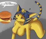 animal_crossing ankha_(animal_crossing) anthro archerteamr_artist big_breasts blue_hair breasts butt digital_media_(artwork) domestic_cat felid feline felis female food fur genitals hair hi_res mammal markings nintendo nipples nude simple_background solo stripes tail text yellow_body