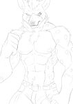 abs anthro belt biceps bottomwear clothed clothing demon denim denim_bottomwear denim_clothing digital_media_(artwork) ember_nifflehiem fist fluffy fur hi_res hyena jeans joykill looking_at_viewer mammal markings muscular muscular_anthro nonbinary_(lore) pants pecs piercing raised_arm raised_fist shirtless sketch solo solo_focus spots spotted_body spotted_fur spotted_hyena topless