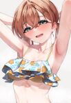  1girl armpits arms_up bikini blush breasts brown_hair collarbone floral_print frilled_bikini frills hair_between_eyes highres hinoshita_kaho link!_like!_love_live! looking_at_viewer love_live! medium_breasts nasuno_(nasuno42) presenting_armpit simple_background smile solo steaming_body sweat swimsuit twintails upper_body white_background 