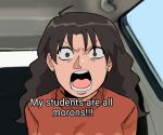 1girl angry azumanga_daioh brown_eyes brown_hair car_interior commentary english_text esibisi furrowed_brow long_hair looking_at_viewer meme my_students_are_all_morons_(meme) open_mouth red_sweater shouting solo straight-on sweater tanizaki_yukari upper_body v-shaped_eyebrows 