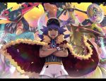  1boy :d aegislash baseball_cap black_shirt brown_eyes cape champion_uniform charizard commentary confetti cowboy_shot crossed_arms dark_skin dark_skinned_male dragapult dragon dreepy dynamax_band facial_hair fire fur-trimmed_cape fur_trim gen_1_pokemon gen_5_pokemon gen_6_pokemon gen_8_pokemon gigantamax gigantamax_charizard gloves gonzarez hat haxorus highres leon_(pokemon) letterboxed long_hair looking_at_another looking_at_viewer male_focus number open_mouth partially_fingerless_gloves pokemon pokemon_(creature) pokemon_(game) pokemon_swsh print_shirt purple_hair red_cape shirt short_shorts short_sleeves shorts single_glove smile standing upper_teeth white_legwear white_shorts 