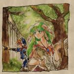  1boy 1girl blue_hat blue_shorts blurry blurry_background compass des69 feena_(grandia) forest goggles goggles_on_head grandia grandia_i green_eyes green_hair highres holding holding_scroll justin_(grandia) long_hair nature off_shoulder outdoors ponytail red_hair scroll shorts strapless tree tube_top 