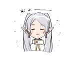  1girl :3 =_= blush_stickers capelet closed_eyes closed_mouth commentary earrings elf frieren grey_hair jewelry long_hair looking_at_viewer pointy_ears solo sousou_no_frieren thick_eyebrows twintails u0oouo upper_body white_capelet 