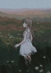  1girl black_eyes breasts brown_hair dress expressionless field floating_hair flower flower_field grass highres io_(onisarashi) long_hair muted_color nature original scenery sky small_breasts solo sundress white_dress wind 
