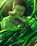  1boy ao_isami artist_request black_hair facial_hair hand_up light_frown male_focus nude sideburns_stubble slime_(substance) solo splashing stubble thick_eyebrows upper_body water_drop yuuki_bakuhatsu_bang_bravern 