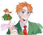  1boy black_eyes closed_mouth collared_shirt furry furry_male geronimo_stilton geronimo_stilton_(series) green_jacket hand_up holding holding_quill humanization jacket looking_at_viewer male_focus mouse necktie orange_hair parted_bangs quill red_necktie reference_inset shirt short_hair sil435 simple_background white-framed_eyewear white_background 