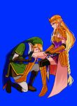  1boy 1girl absurdres blonde_hair blue_background blue_eyes boots closed_eyes drop_earrings earrings fuwafuwallen gold_footwear green_tunic highres hyrule_warriors invisible_chair jewelry kissing_leg knee_boots link long_hair parted_lips pointy_ears princess_zelda simple_background sitting the_legend_of_zelda tiara 
