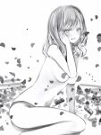  1girl absurdres ass blush breasts character_request clenched_teeth copyright_request greyscale hair_between_eyes hand_on_own_cheek hand_on_own_face highres long_hair looking_at_viewer medium_breasts monochrome nanashi_(nlo) navel panties petals sitting solo teeth topless underwear underwear_only 