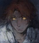  1boy brown_hair creamyghost dark glowing glowing_eyes hanamura_yousuke headphones headphones_around_neck highres light_frown looking_at_viewer male_focus persona persona_4 portrait shadow_yousuke shirt tears white_shirt yellow_eyes 