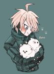  1boy ahoge androgynous animal blue_background blue_eyes buttons closed_mouth commentary_request cropped_torso crossed_arms danganronpa_(series) danganronpa_v3:_killing_harmony dog highres holding holding_animal holding_dog k1-b0 looking_at_animal looking_down male_focus paw_print pomeranian_(dog) puppy romaji_text sarami_(sa_rami30) simple_background smile solo tongue white_dog white_hair 