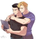  2boys ao_isami arm_around_shoulder black_hair blonde_hair couple cowboy_shot facial_hair holding holding_tablet_pc lewis_smith looking_ahead maji_(m) male_focus multiple_boys pectorals sideburns_stubble stubble tablet_pc thick_eyebrows toned toned_male yaoi yuuki_bakuhatsu_bang_bravern 