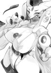 3gs anthro areola armpit_tuft bandai_namco belt big_breasts biped black_clothing black_headwear blush breasts camel_toe canid canine claws clothed clothing crotch_lines curvy_figure digimon digimon_(species) facial_markings female fox greyscale handpaw head_markings headgear headwear hi_res high-angle_view hourglass_figure kemono leg_tuft legwear leotard looking_at_viewer mammal markings monochrome narrowed_eyes navel_outline nipple_slip nipples ofuda pawpads paws sharp_teeth side_boob simple_background smile smiling_at_viewer smirk smirking_at_viewer snout solo standing stockings tail talisman taomon teeth thick_thighs thigh_tuft tuft wide_hips yin_yang