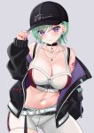 1girl absurdres asymmetrical_pants barbell_piercing bare_shoulders baseball_cap belt black_belt black_hat black_jacket blush bra_strap breasts bustier character_name chest_belt cleavage contrapposto cowboy_shot crop_top ear_piercing earrings green_hair hair_ornament hand_in_pocket haruo860 hat highres jacket jewelry large_breasts looking_at_viewer loose_belt midriff mole mole_on_breast navel necklace off_shoulder open_clothes open_jacket pants piercing purple_eyes purple_jacket red_bustier red_nails short_hair shoulder_tattoo simple_background smile solo stomach tattoo triangle_earrings two-sided_fabric two-sided_jacket virtual_youtuber vspo! white_belt white_bustier white_pants x_hair_ornament yakumo_beni_(4th_costume) zipper 