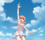  1girl :d bangs blue_eyes blue_sky cloud cloudy_sky day highres ikeda_jun_(mizutamari) looking_at_viewer medium_hair midriff_peek miniskirt open_mouth orange_hair original outdoors pink_shirt pleated_skirt pointing pointing_up redrawn shirt short_sleeves skirt sky smile solo standing swept_bangs white_skirt 