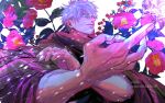  1boy absurdres black_robe blue_eyes energy flower gesture gojou_satoru grin hair_between_eyes highres jujutsu_kaisen leaf light male_focus pink_flower rei_(poro06625649) robe short_hair smile solo teeth upper_body white_background white_hair 