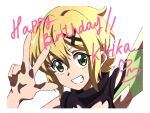  akatsuki_kirika blonde_hair close-up cross_hair_ornament green_eyes grin hair_between_eyes hair_ornament hand_up happy_birthday highres keeemu_(gouf2016) looking_at_viewer medium_hair senki_zesshou_symphogear smile w 