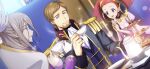  1boy 2girls artist_request ascot beard black_choker blue_eyes blue_vest blurry blurry_foreground breasts brown_hair carine_ne_britannia child choker code_geass code_geass:_lost_stories collarbone cookie cup dress drink dutch_angle epaulettes facial_hair flat_chest food forehead game_cg grey_eyes grey_hair grey_jacket grin guinevere_de_britannia half-closed_eyes hand_up hands_up happy high_collar highres holding holding_cup holding_drink jacket juliet_sleeves large_breasts light_particles long_hair long_sleeves looking_at_another looking_at_viewer military_uniform multiple_girls non-web_source odysseus_eu_britannia official_art on_chair open_mouth own_hands_together pink_dress puffy_sleeves red_hair sandwich saucer shirt short_hair sidelocks sitting smile steam tart_(food) teacup teapot teeth tiered_tray tray twintails uniform upper_body vest white_ascot white_shirt 