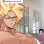  1boy bara broly_(dragon_ball_z) cover_them_up_slut_(meme) dialogue_box dragon_ball dragon_ball_z english_commentary english_text flexing_pectorals large_pectorals looking_at_viewer male_focus meme muscular muscular_male nipples nude pectorals photo_background portrait sake_(sak3_xml) sanpaku short_hair smirk solo son_goku spiked_hair super_saiyan super_saiyan_1 thick_eyebrows user_interface 