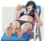  1girl alcohol barefoot beach_chair beer bikini black_bikini black_hair blush breasts chainsaw_man cup english_commentary eyepatch feet himeno_(chainsaw_man) holding holding_cup long_hair navel open_mouth shiren_(ourboy83) simple_background solo swimsuit towel 