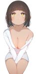 1girl black_hair blush breasts cleavage closed_mouth collarbone copyright_request highres long_sleeves looking_up medium_breasts off_shoulder rasusurasu short_hair simple_background sitting solo sweater thighs white_background white_sweater yellow_eyes 