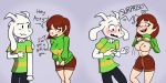  &lt;3 &lt;3_tongue 2:1 2_horns 4_fingers 5_fingers anthro asriel_dreemurr big_breasts biped black_eyes blush boss_monster bottomwear bouncing_breasts bovid breasts brother brother_and_sister brown_hair caprine chara_(undertale) clothed clothing clothing_lift confusion dialogue digital_media_(artwork) duo english_text exposed_breasts female fingers flashing fur goat green_clothing green_shirt green_topwear hair half-closed_eyes hi_res horn human lackofcomfort long_ears looking_at_another male mammal narrowed_eyes navel nipple_outline nipples open_mouth pants pattern_clothing pattern_shirt pattern_topwear pink_tongue red_eyes shirt shirt_grab shirt_lift shirt_pull shorts sibling simple_background sister smile striped_clothing striped_shirt striped_topwear stripes technical_incest teeth text thick_thighs tongue topwear undertale video_games white_body white_fur wide_hips 