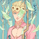 1boy banknote banysun blonde_hair blue_eyes branch cleavage_cutout clothing_cutout colored_eyelashes giorno_giovanna jojo_no_kimyou_na_bouken long_sleeves male_focus money one_eye_covered pectoral_cleavage pectorals solo upper_body vento_aureo 