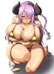  1girl acchan bare_shoulders bikini blue_eyes blush braid breast_hold breasts cleavage collarbone crossed_arms draph gold_bikini granblue_fantasy hair_ornament hair_over_one_eye horns huge_breasts kneeling long_hair micro_bikini narmaya_(granblue_fantasy) navel pointy_ears purple_hair sandals solo swimsuit thigh_strap thighs toes very_long_hair 