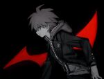  1boy :o ahoge black_background danganronpa:_trigger_happy_havoc danganronpa_(series) from_side highres hood hood_down hoodie jacket kai_(pngdrum) leaning_forward long_sleeves male_focus naegi_makoto open_clothes open_jacket open_mouth red_background solo upper_body 
